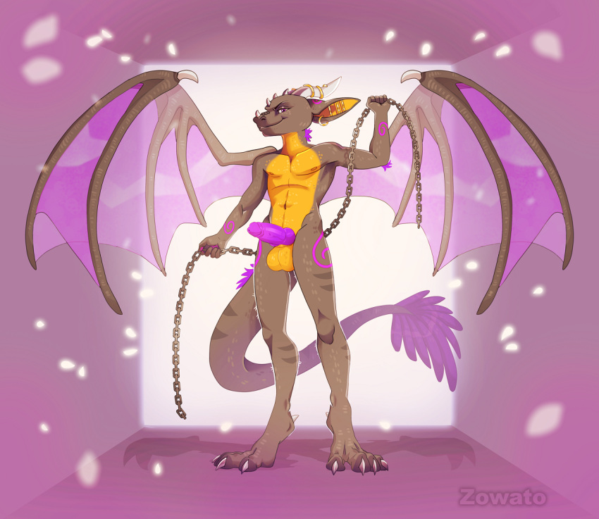 acaris_(character) animal_genitalia animal_penis anthro balls big_balls big_penis canine_penis chain claws dragon genitals gold_(metal) gold_jewelry holding_chain holding_object jewelry jewlry looking_at_viewer male penis purple_penis solo wings zowato