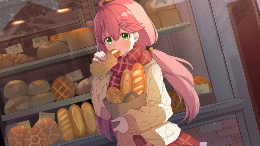 1girl ame. bag bangs bread brown_jacket closed_mouth commentary_request eating eyebrows_visible_through_hair food green_eyes hair_between_eyes highres holding holding_food hololive jacket long_hair long_sleeves low_twintails open_clothes open_jacket paper_bag pink_hair plaid plaid_scarf plaid_skirt puffy_long_sleeves puffy_sleeves red_scarf red_skirt sakura_miko scarf skirt sleeves_past_wrists solo twintails very_long_hair virtual_youtuber window