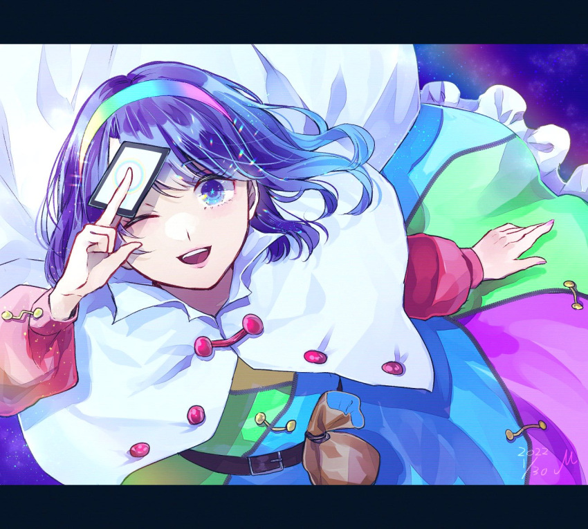 1girl ;d arm_up bangs belt belt_buckle between_fingers blush buckle buttons cape card commentary_request dated dress eyelashes fingernails frilled_dress frills highres holding holding_card letterboxed long_sleeves looking_at_viewer m_(neteitai10) multicolored_clothes multicolored_hairband one_eye_closed open_mouth parted_lips patchwork_clothes pouch purple_eyes purple_hair rainbow_gradient red_button shiny shiny_hair short_hair signature smile solo star-shaped_pupils star_(symbol) symbol-shaped_pupils teeth tenkyuu_chimata tongue touhou two-sided_cape two-sided_fabric upper_teeth