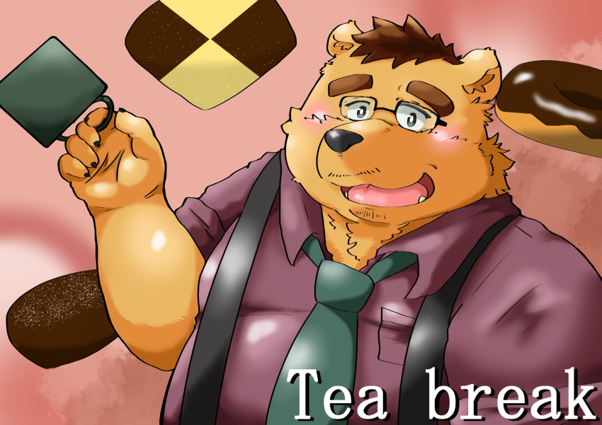 2022 anthro black_nose blush brown_body brown_fur clothing cookie dessert doughnut food fur hi_res kemono male mammal necktie overweight overweight_male shirt solo suspenders text topwear ursid yanununununu