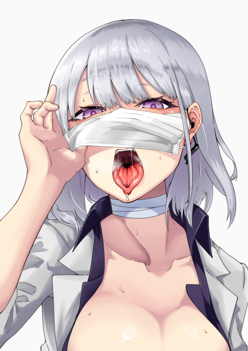 1girl blush breasts collarbone formal girls'_frontline heart heart-shaped_pupils highres large_breasts mask mask_lift mouth_mask nakiusagi open_mouth purple_eyes rpk-16_(girls'_frontline) short_hair silver_hair solo suit surgical_mask sweat symbol-shaped_pupils tongue tongue_out upper_body white_background white_suit