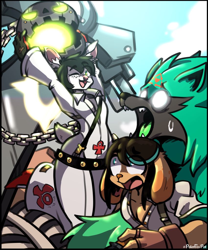 absurd_res anthro black_body black_fur black_hair bodily_fluids brown_body brown_fur canid canine canis cervid chain clothed clothing cosplay detailed_background domestic_dog duo ear_piercing fighting_pose freckles fur giovanna_(guilty_gear) glowing glowing_eyes green_body green_fur green_tongue grimmjow_ookami guilty_gear hair hi_res jack-o'_valentine male male/male mammal no_pupils one_eye_closed piercing pink_tongue polarfoxpat pose rei_(guilty_gear) smile sue_lee surprise sweat tongue white_body white_fur wink