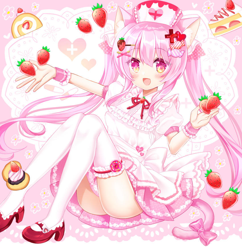 1girl :d animal_ear_fluff animal_ears apron bangs bow candy_hair_ornament cat_ears cat_girl cat_tail commentary_request cross eyebrows_visible_through_hair food food-themed_hair_ornament fruit hair_between_eyes hair_ornament hairclip hand_up hat heart high_heels highres knees_up long_hair nurse_cap original outstretched_arm pink_bow pink_hair pink_skirt pleated_skirt puffy_short_sleeves puffy_sleeves red_eyes red_footwear shikito shirt shoes short_sleeves skirt smile solo strawberry strawberry_hair_ornament tail tail_bow tail_ornament thighhighs twintails very_long_hair waist_apron white_apron white_headwear white_legwear white_shirt wrist_cuffs x_hair_ornament