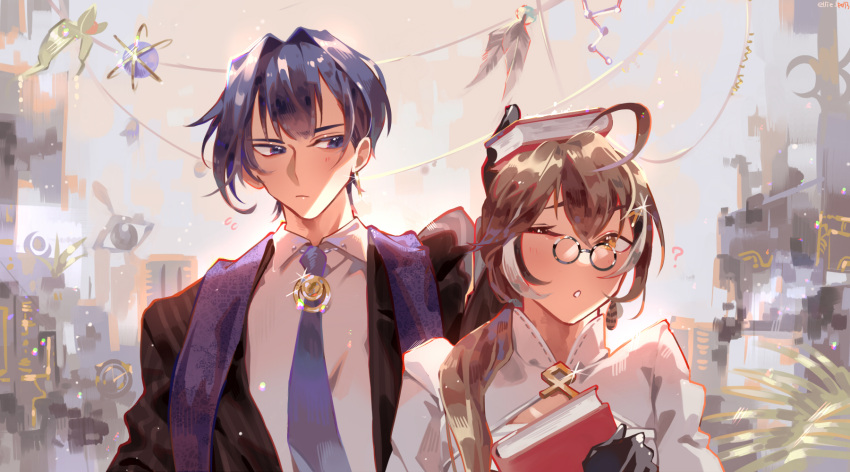 ahoge aqua_necktie bangs bare_shoulders blue_eyes blue_hair brown_eyes brown_hair decorations earrings ellie_niunai_zhuyi_zhe eye formal genderswap genderswap_(ftm) glasses gloves highres hololive hololive_english jewelry multiple_boys nanashi_muman nanashi_mumei necktie ouro_kronii ouro_krono short_hair suit virtual_youtuber wing_collar