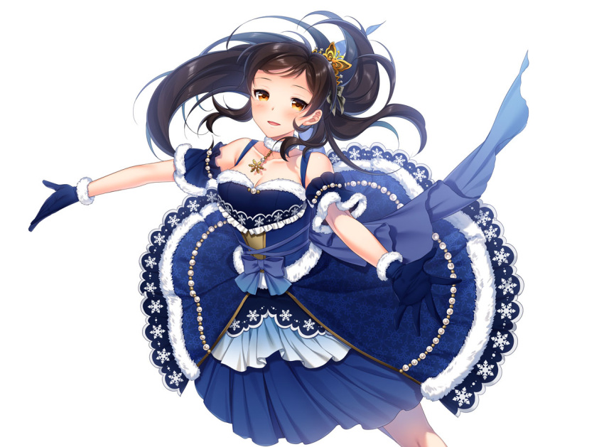 1girl :d blue_bow blue_dress blue_gloves blue_sleeves bow breasts brown_eyes brown_hair butterfly_hair_ornament cleavage collarbone detached_sleeves dress floating_hair fur-trimmed_gloves fur-trimmed_sleeves fur_trim gloves hair_ornament idolmaster idolmaster_million_live! idolmaster_million_live!_theater_days kitazawa_shiho layered_dress long_hair medium_breasts open_mouth outstretched_arms outstretched_hand shiny shiny_hair short_sleeves simple_background sleeveless sleeveless_dress smile solo standing touon very_long_hair white_background