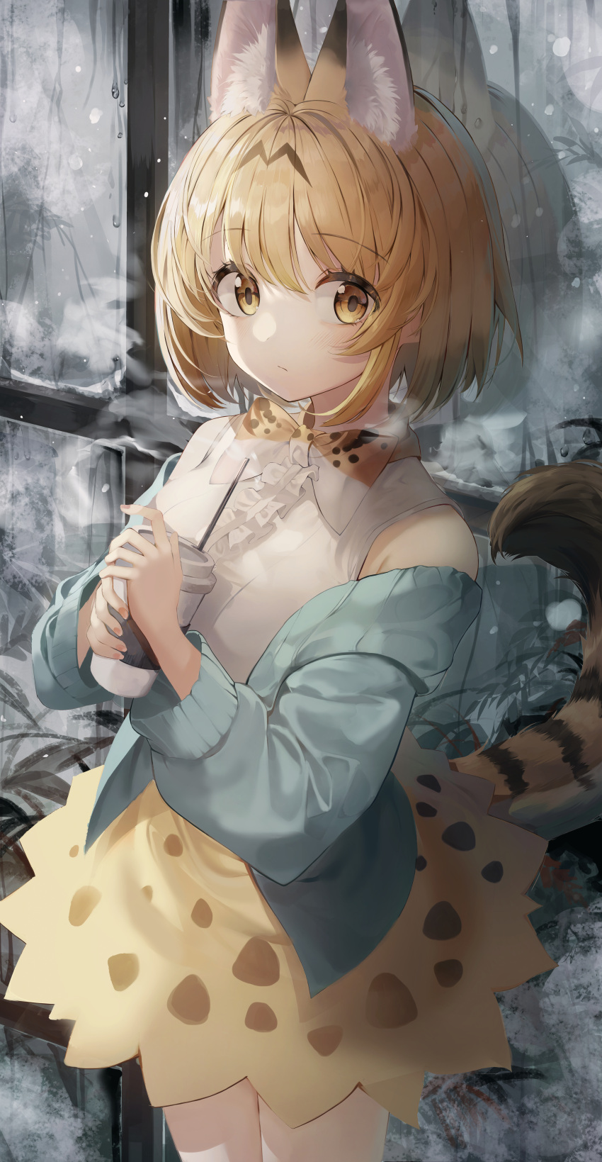1girl absurdres animal_ear_fluff animal_ears animal_ears_(artist) bangs blonde_hair blue_jacket bow bowtie breath center_frills cold commentary cup disposable_cup extra_ears eyebrows_visible_through_hair eyes_visible_through_hair frills hair_between_eyes highres jacket kemono_friends long_sleeves looking_at_viewer no_gloves off_shoulder print_bow print_bowtie print_skirt serval_(kemono_friends) serval_print shirt short_hair skirt sleeveless sleeveless_shirt solo tail white_shirt window winter yellow_eyes