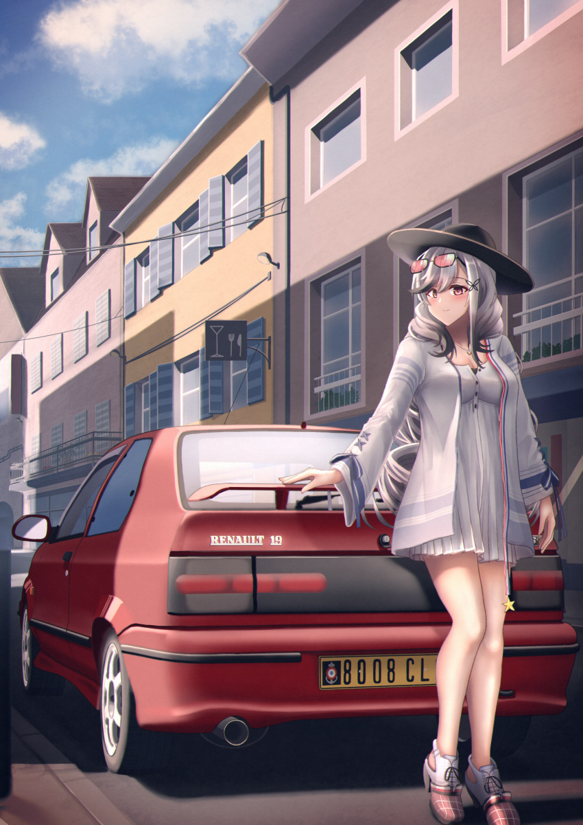 1girl azur_lane bakkasu150 black_headwear blue_sky car dress drill_hair dunkerque_(afternoon_venus)_(azur_lane) dunkerque_(azur_lane) eyewear_on_head french_flag full_body ground_vehicle hat highres jacket long_hair looking_at_viewer motor_vehicle official_alternate_costume open_clothes open_jacket outdoors partially_unbuttoned pink-tinted_eyewear red_eyes renault shoes short_dress sky solo sun_hat tinted_eyewear very_long_hair white_dress white_footwear white_jacket