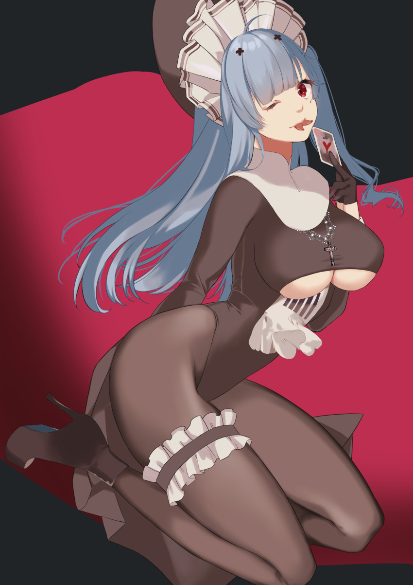 1girl absurdres azur_lane black_gloves blue_hair breasts brown_dress brown_footwear brown_legwear card clothing_cutout cross cross_necklace dress forked_tongue full_body gloves half_gloves hanada_no_kiwami highleg highres jewelry large_breasts long_hair looking_at_viewer maid_headdress marco_polo_(azur_lane) marco_polo_(the_queen_of_hearts)_(azur_lane) necklace official_alternate_costume one_eye_closed pantyhose platform_boots platform_footwear playing_card red_eyes solo thigh_strap tongue underboob underboob_cutout
