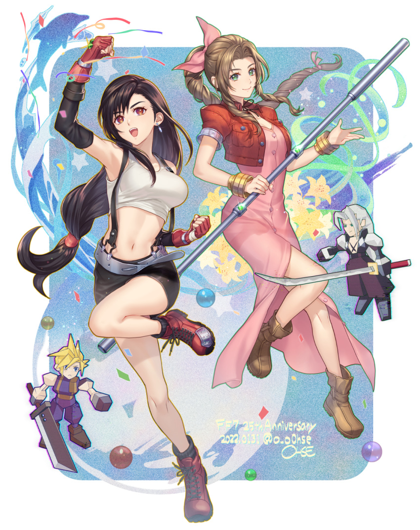 2boys 2girls :d aerith_gainsborough anniversary arm_up armpits bangs bare_shoulders black_hair black_skirt blonde_hair blue_eyes bow bracelet braid braided_ponytail breasts brown_footwear brown_hair buster_sword cleavage clenched_hands closed_mouth cloud_strife commentary_request crop_top cropped_jacket dated dolphin dress earrings elbow_gloves elbow_pads eyebrows_visible_through_hair final_fantasy final_fantasy_vii fingerless_gloves floating_hair flower full_body glint gloves green_eyes hair_between_eyes hair_bow highres holding holding_staff jacket jewelry large_breasts long_dress long_hair looking_at_viewer low-tied_long_hair masamune_(ff7) materia midriff multiple_boys multiple_girls navel ohse open_mouth parted_bangs pencil_skirt pink_bow pink_dress ponytail red_eyes red_footwear red_gloves red_jacket sephiroth shoes short_hair sidelocks signature silver_hair skirt small_breasts smile spiked_hair staff standing standing_on_one_leg suspender_skirt suspenders sword tank_top teeth tifa_lockhart tri_drills twitter_username upper_teeth very_long_hair waves weapon white_background white_tank_top wind