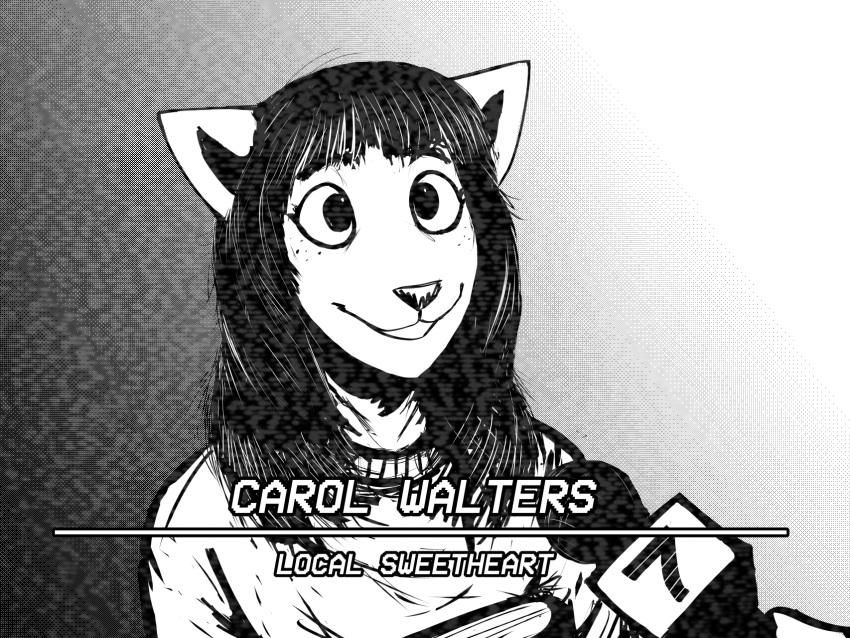 2022 80's_theme anthro bangs black_and_white canid canine canis carol_(hladilnik) domestic_dog english_text female hi_res hladilnik interview mammal microphone monochrome news solo text