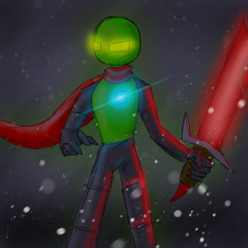 dynamic_effects dynamic_lighting entity glowing glowing_core glowing_eyes glowing_sword grey_background hi_res humanoid kyle_(taok) male melee_weapon omnipotent_entity particles red_scarf robotic_limbs scarf simple_background solo sword weapon