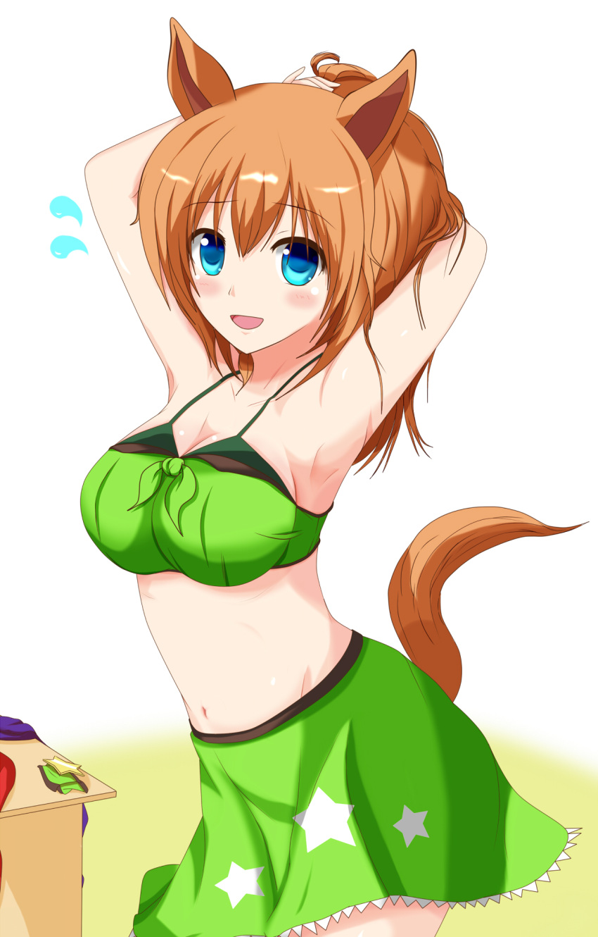 1girl :d animal_ears armpits arms_behind_head arms_up bandeau bangs bikini bikini_under_clothes blue_eyes blush breasts brown_hair cleavage commentary_request cowboy_shot eyebrows_visible_through_hair flying_sweatdrops front-tie_bikini front-tie_top green_skirt highres horse_ears horse_tail large_breasts long_hair looking_at_viewer midriff miniskirt navel partial_commentary simple_background skirt skirt_set smile solo standing star_(symbol) star_print stomach strapless swimsuit taiki_shuttle_(umamusume) tail tkka tube_top umamusume white_background