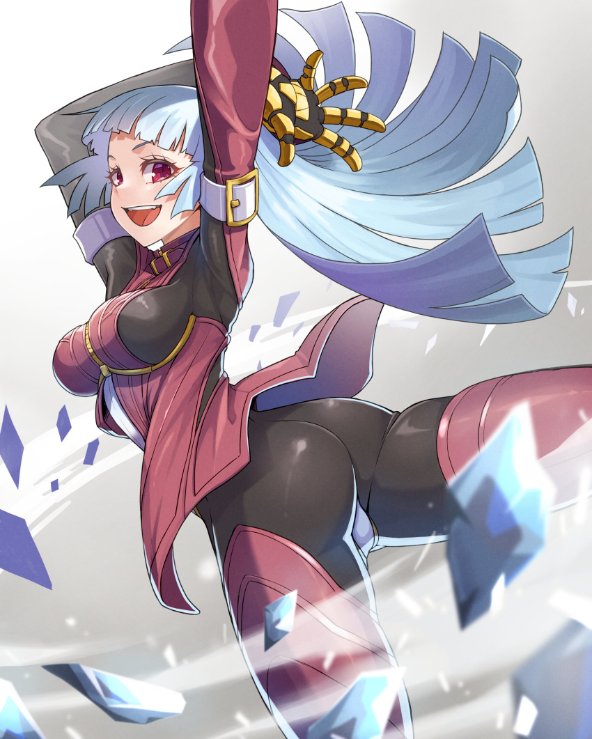 1girl absurdres ass ass_focus bangs belt blue_hair bodysuit breasts eyebrows_visible_through_hair gloves highres ice kula_diamond long_hair looking_at_viewer medium_breasts purple_eyes qome simple_background smile the_king_of_fighters white_background zipper