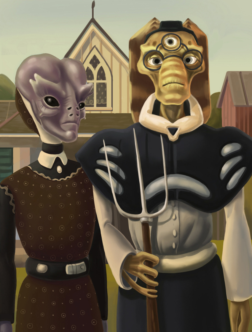 1c_company alien american_gothic barn black_eyes building clothed clothing dress duo elemental_games eyewear farmer female fully_clothed glasses grey_eyes hi_res humor inspired_by_formal_art intersex katauri_interactive male overalls parody pitchfork pun space_rangers text tools visual_pun window