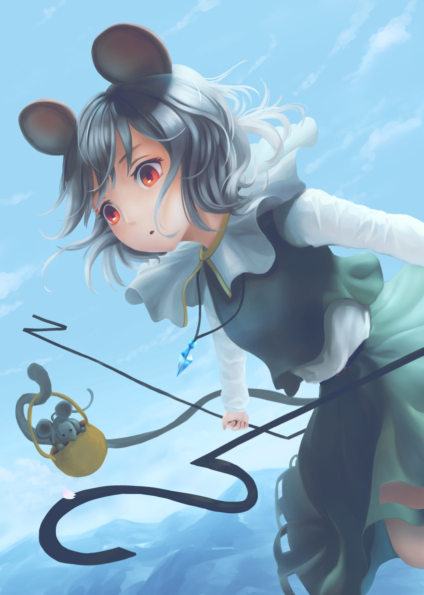 animal_ears bangs basket capelet crystal dowsing_rod grey_hair grey_skirt grey_vest highres jewelry lennard_hirao long_sleeves mouse mouse_ears mouse_girl mouse_tail nazrin pendant red_eyes shirt short_hair skirt skirt_set tail touhou vest white_capelet white_shirt