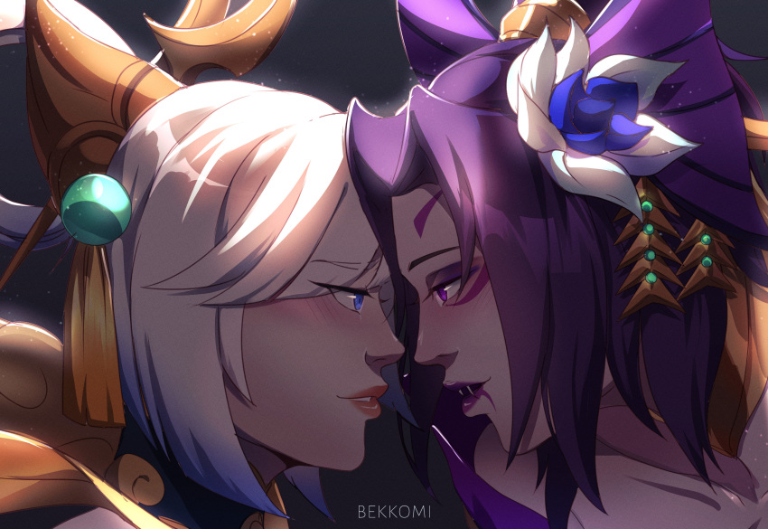 2girls artist_name bangs bekkomi blue_flower blue_hair blush cassiopeia_(league_of_legends) collarbone english_commentary eye_contact eyebrows_visible_through_hair fangs flower hair_flower hair_ornament highres league_of_legends long_hair looking_at_another lunar_empress_lux lux_(league_of_legends) multicolored_hair multiple_girls official_alternate_costume parted_bangs portrait purple_hair shiny shiny_hair short_hair spirit_blossom_cassiopeia two-tone_hair white_flower yuri