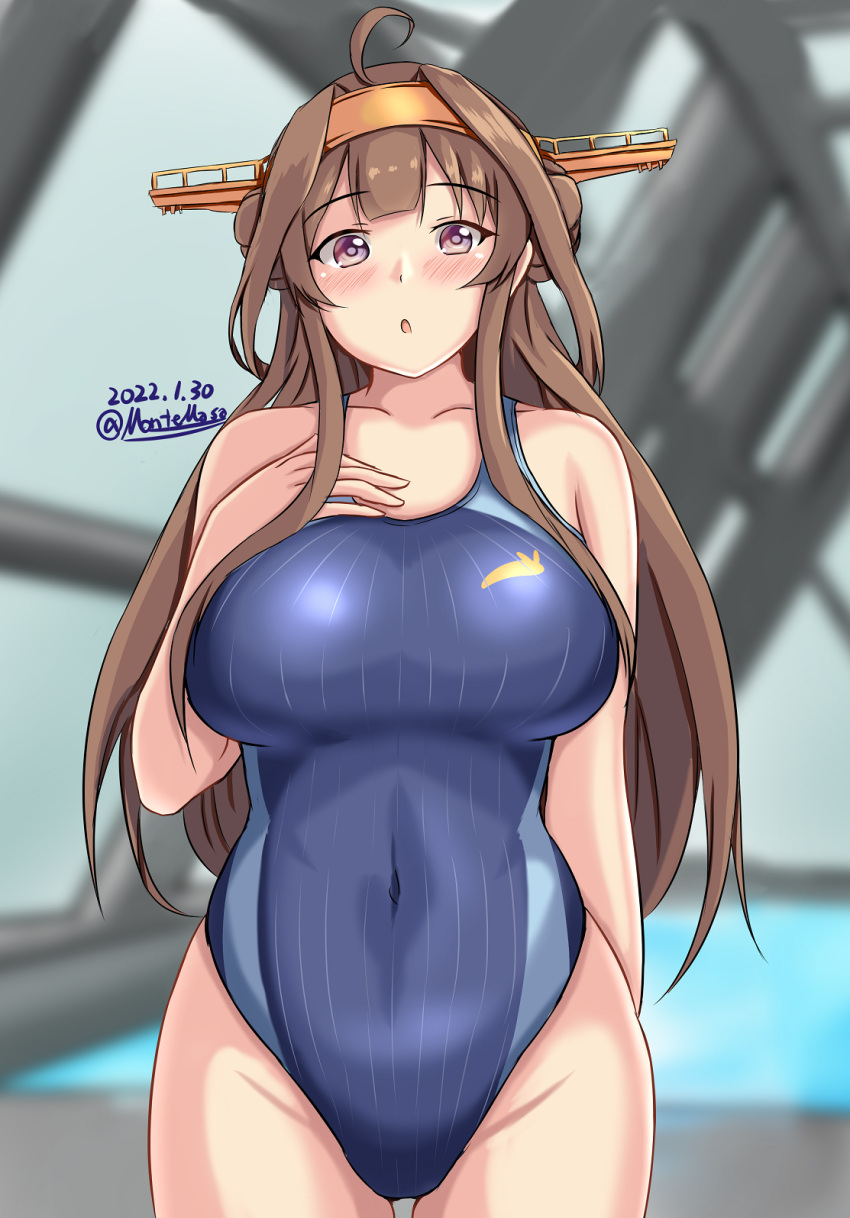 1girl :o ahoge blue_swimsuit blush breasts brown_hair competition_swimsuit covered_navel cowboy_shot dated double_bun eyebrows_visible_through_hair hair_between_eyes hairband hand_on_own_chest headgear highres indoors kantai_collection kongou_(kancolle) kongou_kai_ni_(kancolle) large_breasts long_hair montemasa one-piece_swimsuit open_mouth pool purple_eyes rei_no_pool ribbon_trim solo swimsuit twitter_username water window