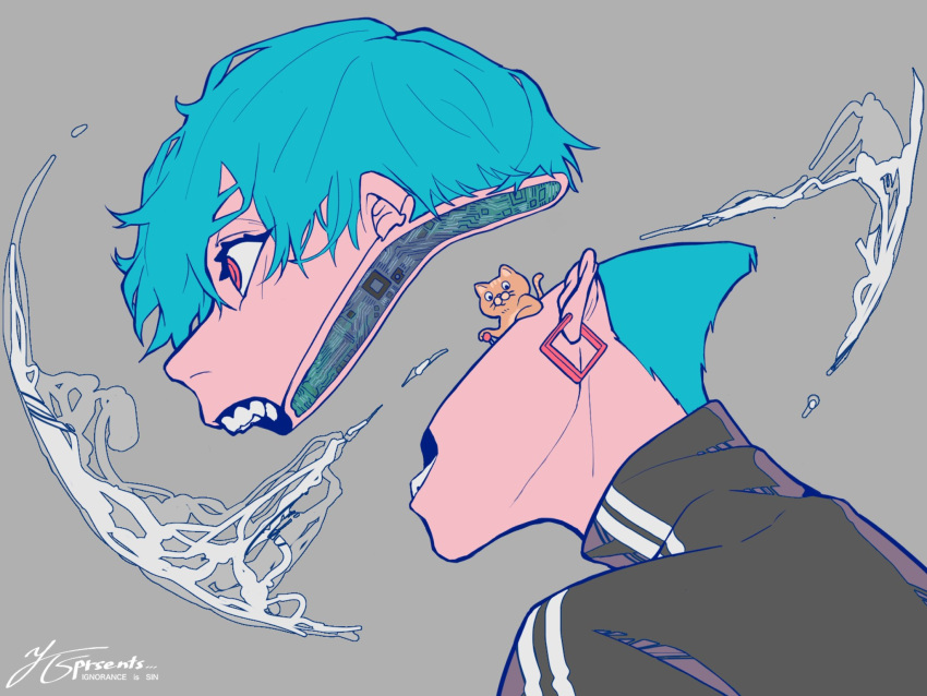 1boy bangs blue_hair casual cat character_request commentary_request earrings english_text from_side grey_background hair_between_eyes highres jewelry looking_at_viewer looking_to_the_side male_focus open_mouth portrait red_eyes ringed_eyes robot screaming short_hair solo sweatshirt teeth turtleneck yottasun