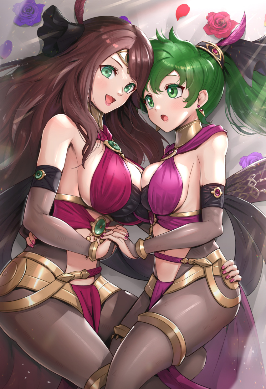 2girls :d :o alternate_costume asymmetrical_docking bare_shoulders black_legwear black_ribbon breast_press breasts brown_hair cleavage commentary_request dancer dorothea_arnault earrings fire_emblem fire_emblem:_genealogy_of_the_holy_war fire_emblem:_three_houses fire_emblem_heroes flower gonzarez green_eyes green_hair hair_ornament hair_ribbon hand_on_another's_hip highres holding_hands jewelry large_breasts lene_(fire_emblem) loincloth long_hair multiple_girls nail_polish navel open_mouth pantyhose ponytail purple_flower purple_rose ribbon rose skin_tight smile stomach thighs