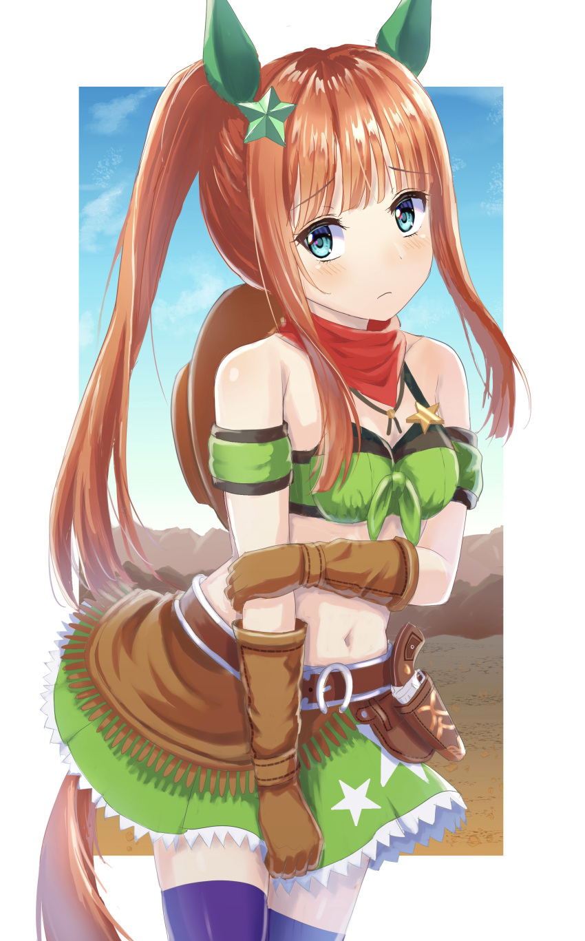 1girl absurdres animal_ears bandana bandeau bangs bare_shoulders belt bikini bikini_under_clothes blue_eyes blush breasts brown_belt brown_gloves brown_hair commentary_request cosplay cowboy_shot detached_sleeves eyebrows_visible_through_hair front-tie_top gloves green_skirt gun hair_ornament highres holstered_weapon horse_ears horse_tail long_hair looking_at_viewer midriff miniskirt navel ponytail purple_legwear sakurakkuma sidelocks silence_suzuka_(umamusume) skirt skirt_set small_breasts solo standing star_(symbol) star_hair_ornament stomach swimsuit taiki_shuttle_(umamusume) taiki_shuttle_(umamusume)_(cosplay) tail thighhighs umamusume weapon zettai_ryouiki