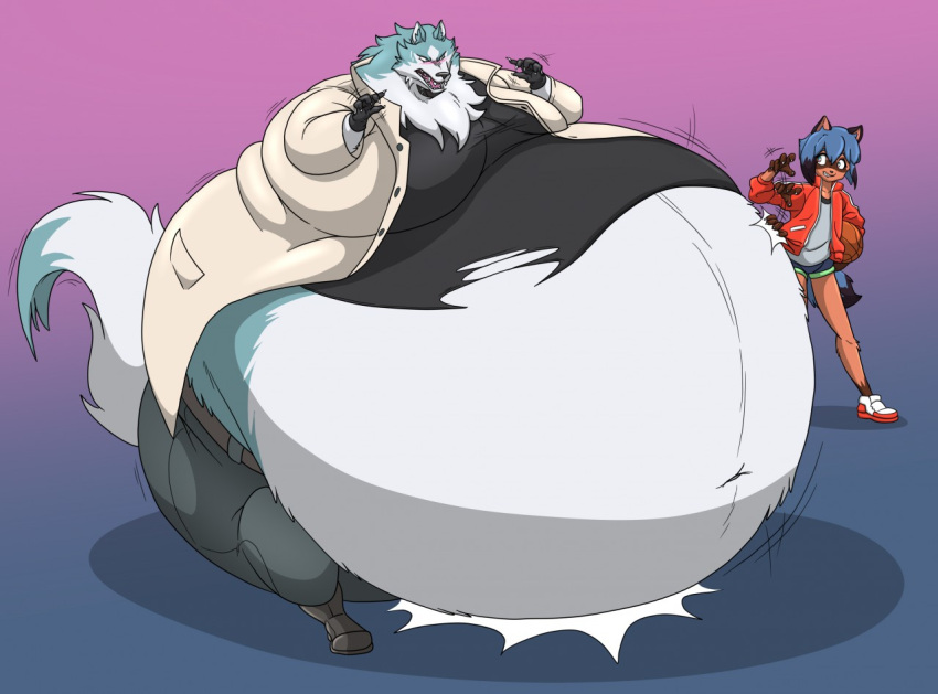 2020 anthro ball basketball_(ball) belly belt big_belly blue_hair blush bodily_fluids bottomwear brand_new_animal canid canine canis claws clothing duo fangs female footwear hair hand_on_stomach hectorthewolf hyper hyper_belly jacket male mammal michiru_kagemori morbidly_obese morbidly_obese_anthro morbidly_obese_male obese obese_anthro obese_male open_mouth overweight overweight_anthro overweight_male pants patting patting_belly raccoon_dog raised_tail shirou_ogami shirt shoes smile smug studio_trigger sweat tanuki teeth topwear torn_clothing wolf