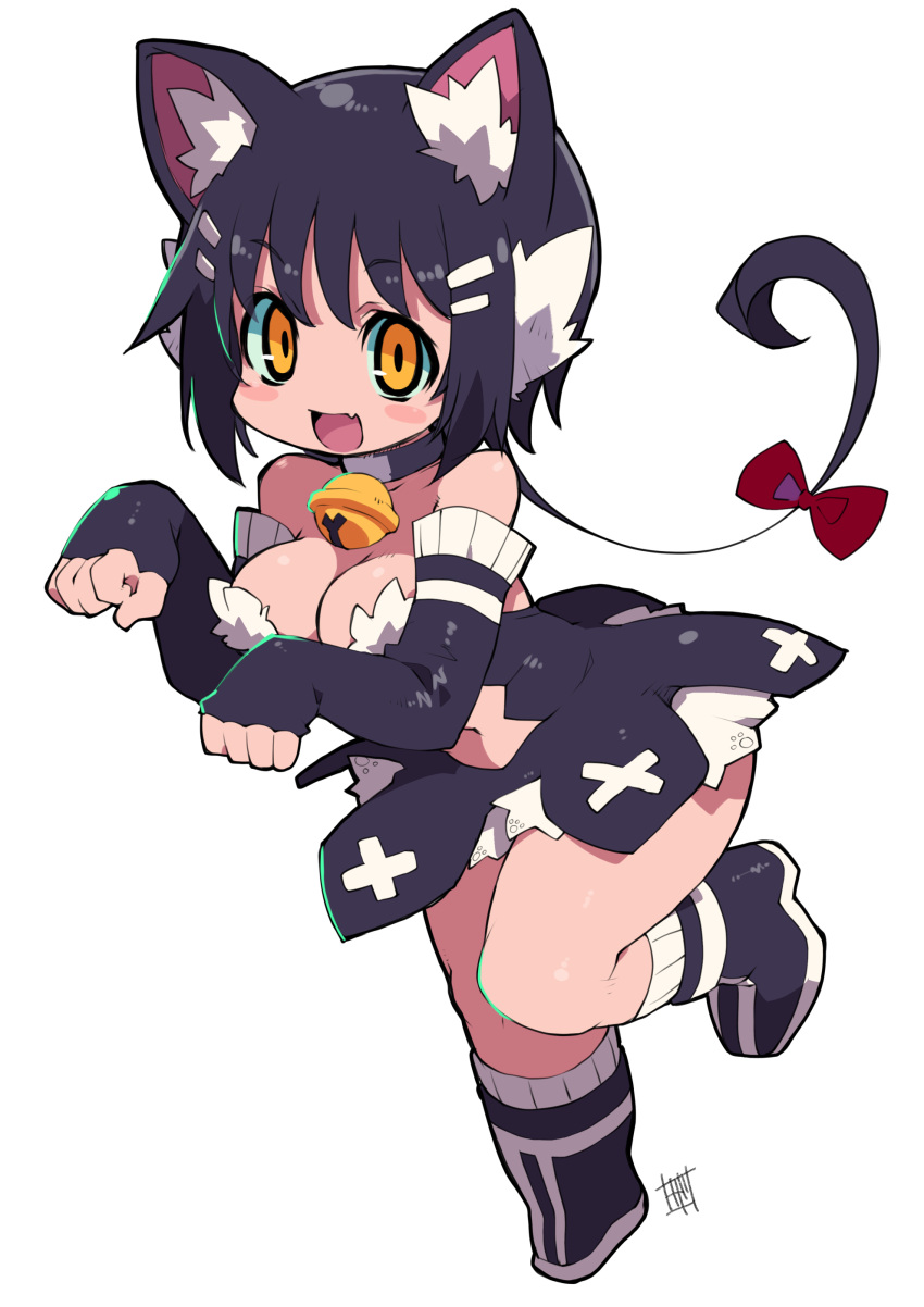 1girl :d absurdres animal_ears bell black_dress black_hair blush_stickers bow breasts cat_ears cleavage dress fang full_body hair_bow highres jingle_bell long_hair looking_at_viewer medium_breasts navel neck_bell original paw_pose red_bow signature simple_background skin_fang smile solo standing standing_on_one_leg white_background yellow_eyes zankuro