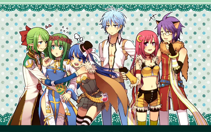 +++ 3boys 3girls abs alchemist_(ragnarok_online) alternate_color animal_around_neck animal_ears arch_bishop_(ragnarok_online) armband bangle bangs belt black_gloves black_headwear blacksmith_(ragnarok_online) blue_dress blue_eyes blue_gloves blue_hair blue_pants blush bow boy_and_girl_sandwich bracelet breasts brown_belt brown_cape brown_coat brown_dress brown_gloves brown_pants brown_shirt brown_shorts cape cat_ears cleavage cleavage_cutout closed_mouth clothing_cutout coat commentary_request crescent crescent_hair_ornament crop_top cross detached_sleeves dress elbow_gloves expressionless eyebrows_visible_through_hair feet_out_of_frame fingerless_gloves fishnet_legwear fishnets flower fox frilled_legwear fur-trimmed_gloves fur-trimmed_headwear fur-trimmed_shirt fur-trimmed_shorts fur_collar fur_trim glasses gloves green_background green_coat green_eyes green_hair grey_eyes hair_between_eyes hair_bow hair_ornament half_updo hand_on_another's_shoulder hat hat_bow hat_flower head_wreath heart high_priest_(ragnarok_online) hug jewelry juliet_sleeves layered_clothing long_hair long_sleeves looking_at_another looking_at_viewer looking_to_the_side medium_breasts medium_hair midriff multiple_boys multiple_girls navel open_mouth pants pink_flower pointy_ears professor_(ragnarok_online) puffy_sleeves purple_eyes purple_hair ragnarok_online red_bow red_hair red_shirt round_eyewear sash shirt short_dress short_hair short_shorts short_sleeves shorts sleeveless sleeveless_shirt smile sniper_(ragnarok_online) strapless strapless_dress striped_sleeves thighhighs top_hat tsuki_miso two-tone_coat two-tone_dress two-tone_gloves two-tone_shirt two-tone_shorts white_bow white_coat white_legwear white_pants white_shirt white_sleeves yellow_eyes yellow_gloves yellow_sash yellow_shirt yellow_shorts yellow_sleeves