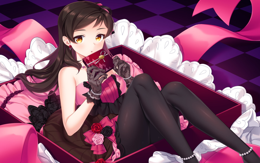 1girl anklet black_legwear box brown_hair checkered_floor dress earrings gift gift_box gloves grey_gloves hair_over_shoulder holding holding_box idolmaster idolmaster_million_live! idolmaster_million_live!_theater_days jewelry kitazawa_shiho long_hair open_mouth pantyhose shiny shiny_hair solo strapless strapless_dress touon yellow_eyes