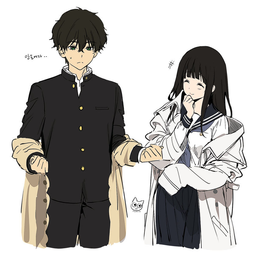 1boy 1girl artist_logo beige_coat black_sailor_collar black_skirt chitanda_eru coat cowboy_shot gakura green_eyes grey_neckerchief highres hyouka kamiyama_high_school_uniform mery_(yangmalgage) neckerchief oreki_houtarou pleated_skirt sailor_collar school_uniform serafuku short_hair skirt standing white_background white_coat