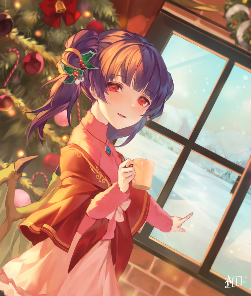 1girl bangs blunt_bangs braid candy candy_cane christmas_tree commission cup dragon_wings dutch_angle fire_emblem fire_emblem:_the_sacred_stones food hair_ornament highres holding holding_cup indoors jewelry kiriyama2109 light_smile long_hair long_sleeves looking_at_viewer myrrh_(fire_emblem) parted_lips pendant pink_shirt pointing purple_hair red_eyes shirt signature skeb_commission skirt solo twin_braids twintails white_skirt window wings winter