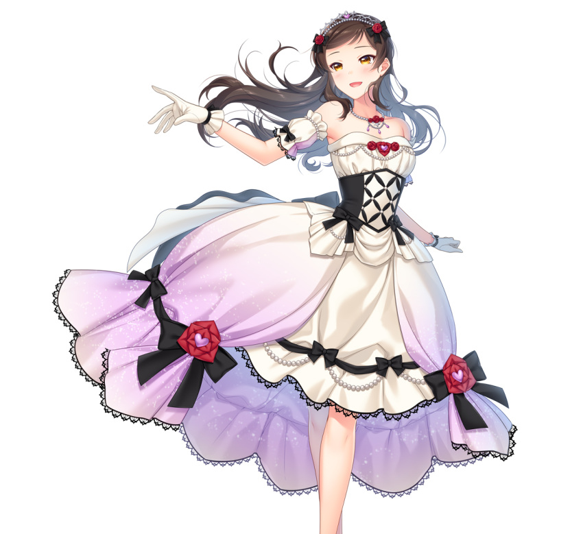 1girl :d black_bow blush bow brown_hair detached_sleeves diadem dress floating_hair flower gloves hair_bow hair_flower hair_ornament idolmaster idolmaster_million_live! jewelry kitazawa_shiho long_hair necklace open_mouth red_flower red_rose rose shiny shiny_hair short_sleeves simple_background smile solo standing strapless strapless_dress touon underbust white_background white_dress white_gloves white_sleeves yellow_eyes