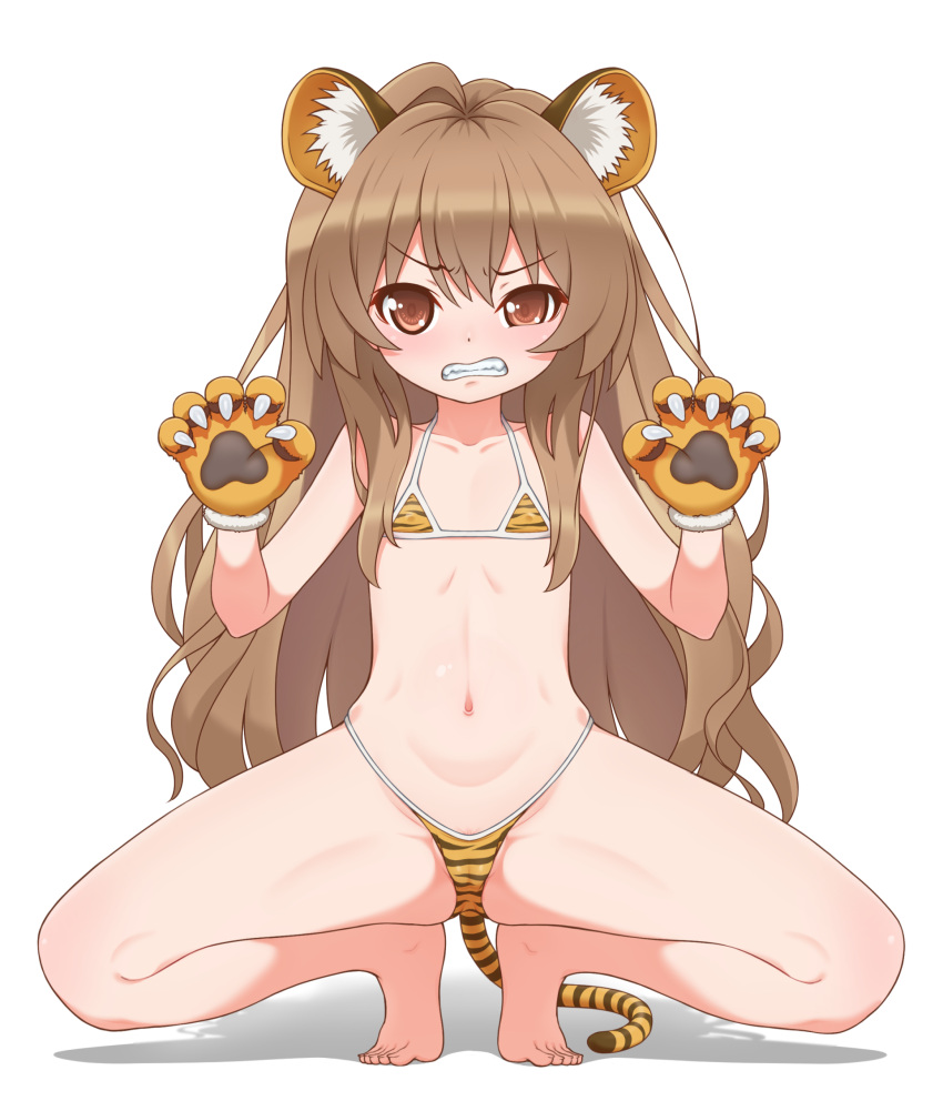 1girl aisaka_taiga animal_ears animal_hands animal_print artist_name barefoot bikini brown_eyes brown_hair claws clenched_teeth commentary_request flat_chest gloves highres long_hair looking_at_viewer micro_bikini navel paw_gloves solo squatting swimsuit tail teeth tiger_ears tiger_print tiger_tail toradora! tsunousagi_(user_ujyx8587) white_background yellow_bikini