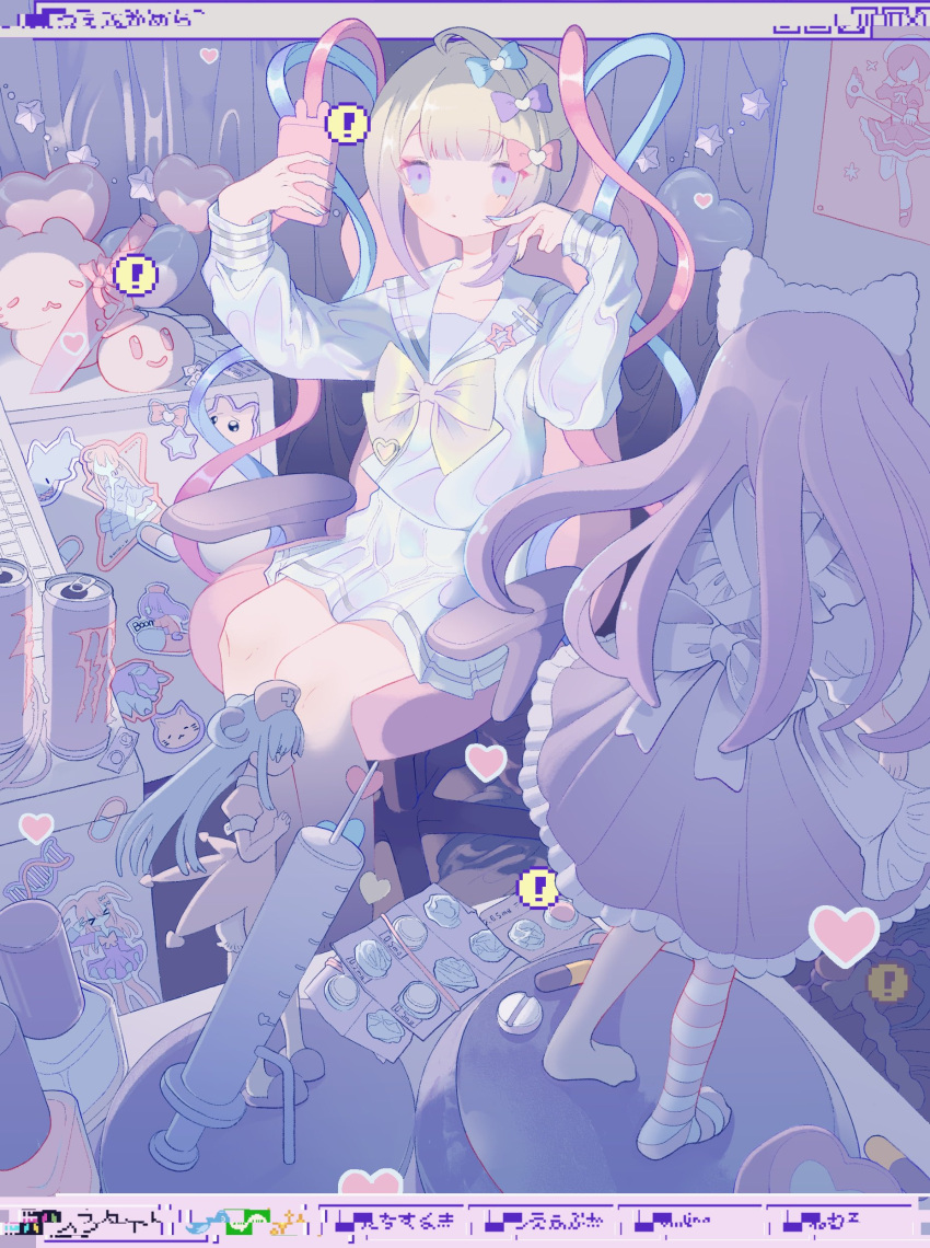! 1girl absurdres animal_ears apron back_bow blue_eyes blue_hair blush bow cat_ears cellphone chair chouzetsusaikawa_tenshi-chan commentary_request curtains dna dress eguchi_saan energy_drink figure frilled_apron frills gaming_chair grey_hair hair_bow heart highres holding holding_phone indoors keyboard_(computer) knife long_hair maid multicolored_hair needy_girl_overdose neon_palette phone pill pink_hair poster_(object) sailor_collar school_uniform serafuku single_thighhigh sitting skirt smartphone solo star_(symbol) sticker stuffed_toy syringe thighhighs very_long_hair