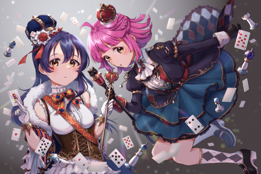 2girls absurdres ahoge bangs black_gloves blue_hair blunt_bangs blunt_ends card chess_piece commentary_request crown falling_card floating fur_trim gloves highres holding holding_card kyaku_tatsu long_hair looking_at_viewer love_live! love_live!_nijigasaki_high_school_idol_club love_live!_school_idol_project mini_crown multiple_girls pink_hair scepter short_hair sonoda_umi swept_bangs tennouji_rina white_gloves yellow_eyes