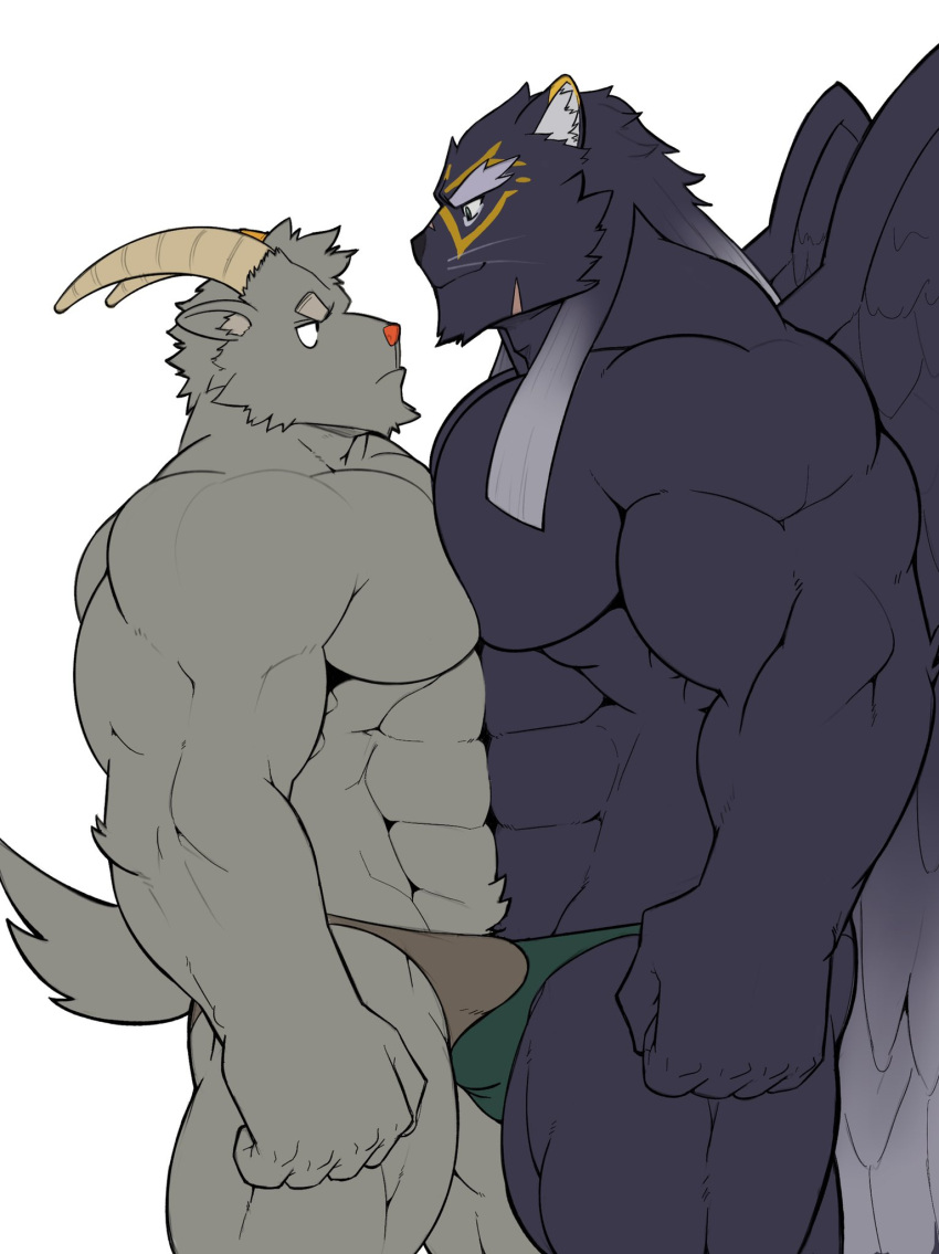 abs anthro black_body black_fur bovid bulge bulge_frottage caprine clothing duo eyebrows felid fur goat grey_body grey_fur hi_res horn lifewonders male male/male mammal muscular muscular_anthro muscular_male newgeimuplus pantherine pecs pecs_touching salomonkun tezcatlipoca thick_eyebrows thong tokyo_afterschool_summoners underwear video_games