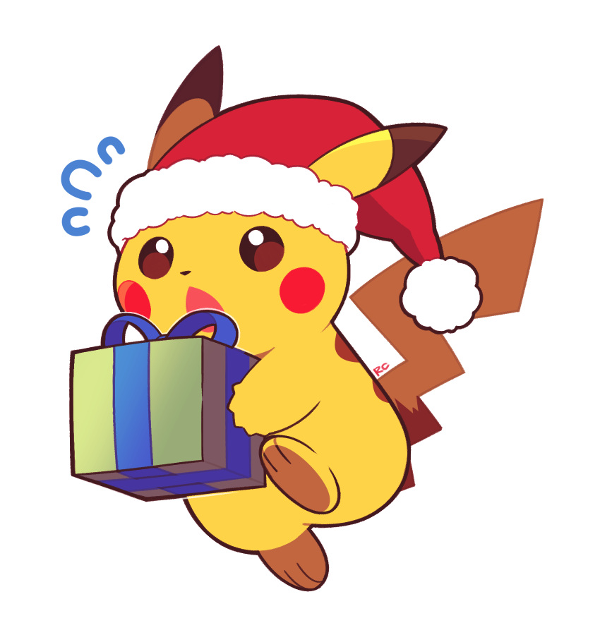 artsy-rc christmas christmas_present flying_sweatdrops full_body gift hat highres open_mouth pikachu pokemon pokemon_(creature) santa_hat signature simple_background white_background