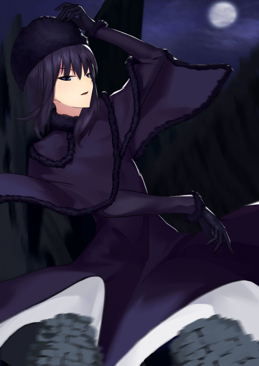 1girl absurdres arm_up bangs black_capelet black_dress black_eyes black_gloves black_hair black_headwear capelet cloud cloudy_sky commentary_request cqqz0707 dress fur-trimmed_capelet fur-trimmed_gloves fur_collar fur_hat fur_trim gloves hair_between_eyes half-closed_eyes hat highres kuonji_alice long_dress long_sleeves looking_at_viewer mahou_tsukai_no_yoru moon night open_mouth outdoors short_hair sky solo ushanka