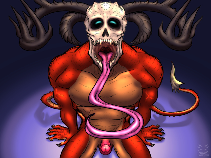 anthro awaiting bone corinoch_(artist) demon first_person_view genitals hi_res horn kneeling long_tongue male monster penis perspective presenting_mouth red_body scales skull skull_head solo submissive submissive_male tailblade throat tongue