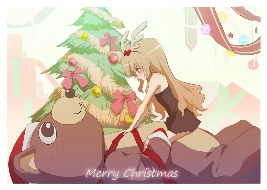 1girl aisaka_taiga animal_costume antlers arm_support armpit_crease bangs bare_shoulders bear_costume black_dress black_hairband blush border bow brown_eyes christmas christmas_ornaments christmas_tree closed_mouth dress eyebrows_visible_through_hair fake_antlers fran_(yuliwei2012) gift hair_between_eyes hair_bow hair_ornament hairband hat light_brown_hair long_hair looking_at_another lying on_back red_bow red_ribbon reindeer_antlers ribbon santa_hat short_dress sidelocks sitting sitting_on_person smile solo_focus strapless strapless_dress toradora! very_long_hair white_border