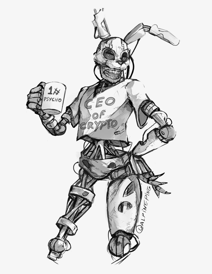 absurd_res alpineping animatronic black_and_white bottomless burntrap_(fnaf) clothed clothing coffee_mug endoskeleton english_text exposed_endoskeleton five_nights_at_freddy's five_nights_at_freddy's:_security_breach hand_on_hip hi_res human lagomorph leporid looking_at_viewer machine male mammal monochrome rabbit robot scottgames shirt shirt_only sketch solo t-shirt t-shirt-meme text text_on_clothing text_on_shirt text_on_topwear topwear topwear_only video_games