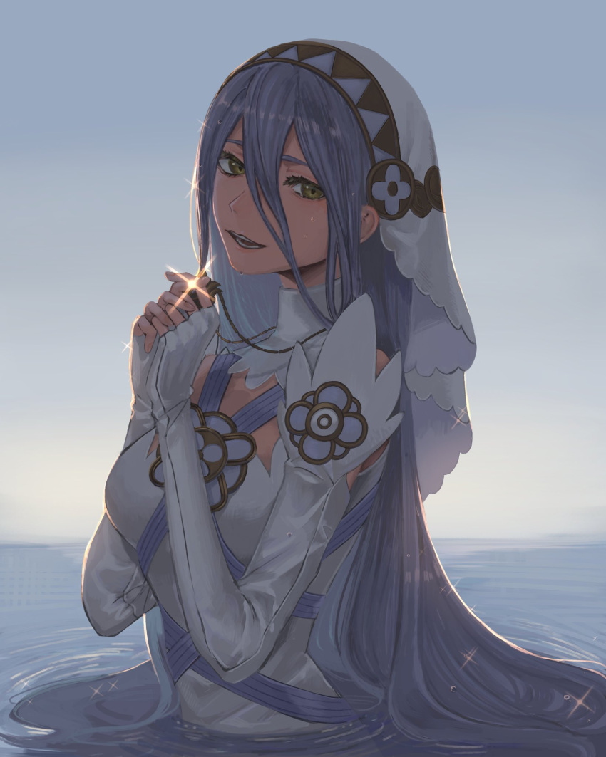 1girl azura_(fire_emblem) bangs bare_shoulders blue_hair blue_ribbon brown_eyes commentary_request danno_gs detached_sleeves dress elbow_gloves fingerless_gloves fire_emblem fire_emblem_fates gloves hair_between_eyes highres holding jewelry long_hair looking_at_viewer partially_submerged pendant ribbon smile solo strapless strapless_dress teeth veil very_long_hair water wet white_dress white_gloves white_headwear white_sleeves white_veil