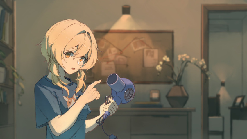 1girl animal_print bangs blonde_hair blue_shirt bulletin_board cable dog_print drawer genshin_impact hair_dryer highres holding holding_hair_dryer indoors lamp lumine_(genshin_impact) n_s_egg open_mouth plant shirt short_sleeves sidelocks solo string_chart t-shirt upper_body yellow_eyes