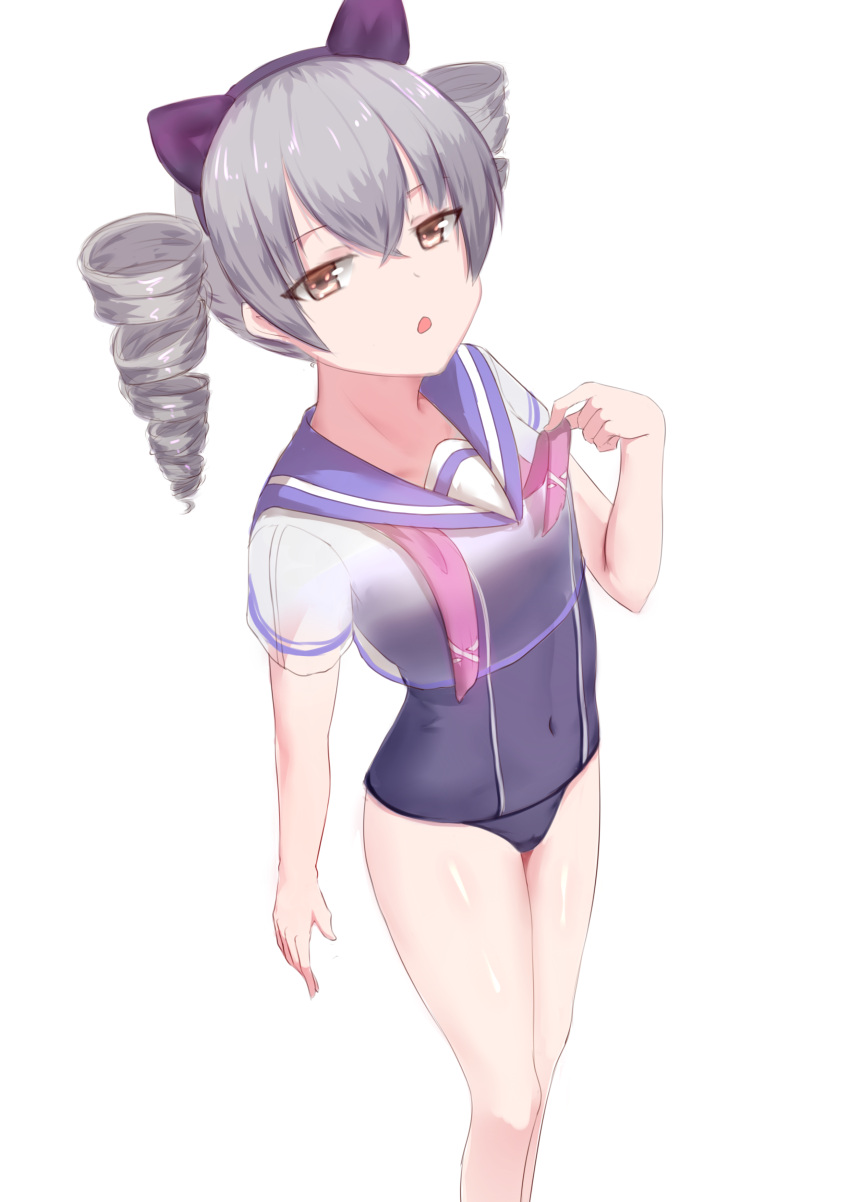 1girl :o absurdres animal_ears bangs blue_swimsuit bronya_zaychik cat_ears drill_hair fake_animal_ears grey_eyes grey_hair headband highres honkai_(series) honkai_impact_3rd looking_at_viewer one-piece_swimsuit sailor_collar school_swimsuit see-through_shirt short_sleeves simple_background solo swimsuit tiankong_pie_ai twin_drills white_background