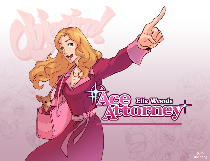 1girl absurdres ace_attorney anhdang bag blue_eyes bow character_name copyright_name dog dress elle_woods handbag highres legally_blonde logo_parody long_hair objection open_mouth parody pink_bow pointing red_dress smile solo trait_connection