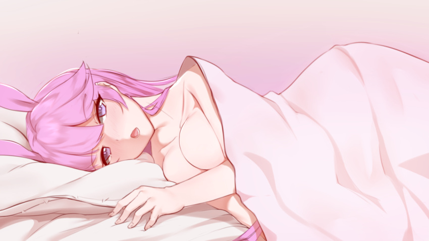 1girl animal_ears bangs bed bed_sheet blush breasts commentary_request eyebrows_visible_through_hair fox_ears gradient gradient_background hair_flaps highres honkai_(series) honkai_impact_3rd large_breasts long_hair looking_at_viewer lying nose_blush on_bed on_side open_mouth panties pillow pink_background pink_eyes pink_hair pink_panties pink_theme see-through skindentation solo tiankong_pie_ai topless underwear very_long_hair yae_sakura