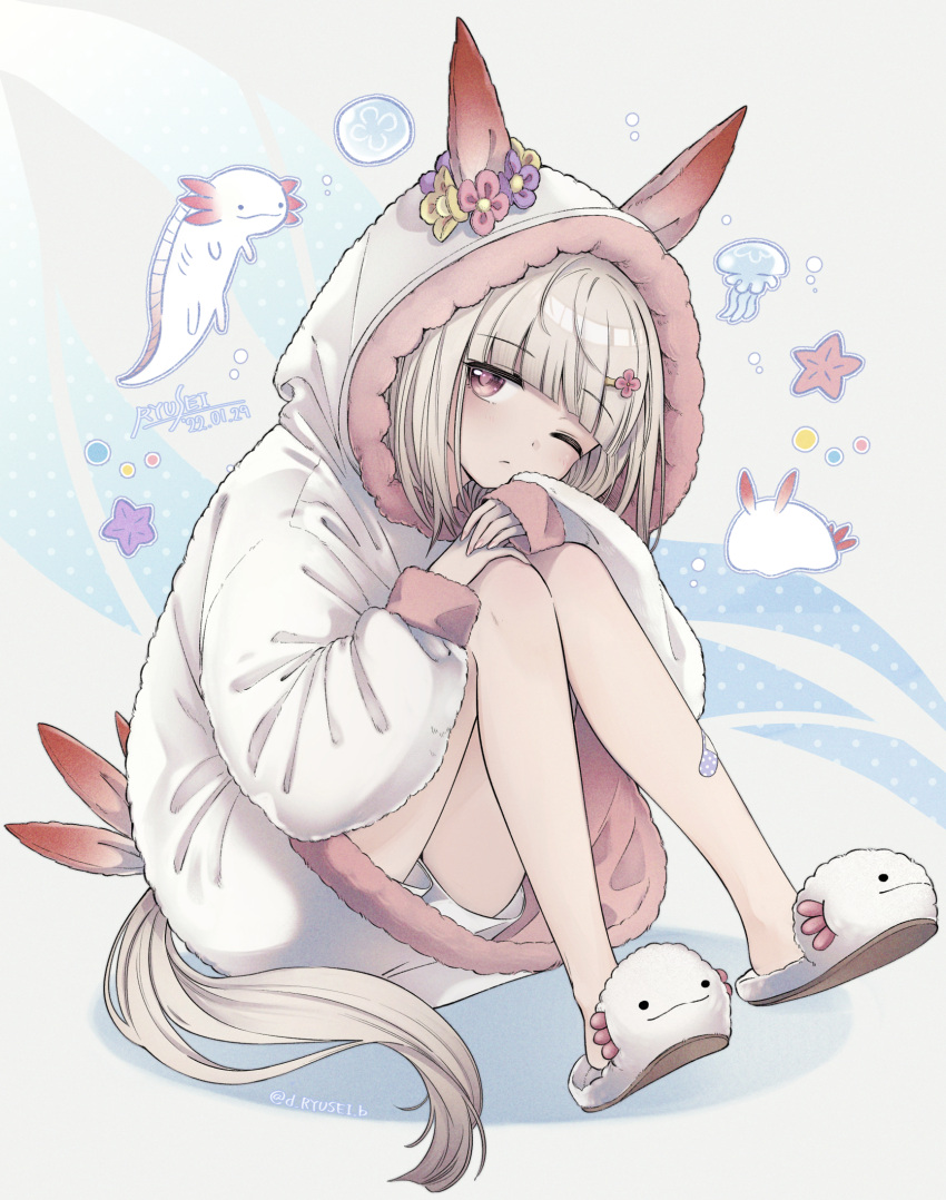 1girl animal_ears artist_name bangs blunt_bangs closed_mouth clothing_request commentary_request dated eyebrows_visible_through_hair flower full_body hair_flower hair_ornament happy_meek_(umamusume) highres horse_ears knees_together_feet_apart knees_up long_sleeves looking_at_viewer one_eye_closed puzzle157xxx sitting solo tail twitter_username umamusume