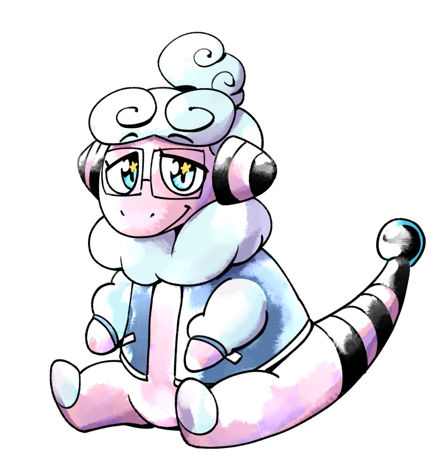 2022 alternate_species anaugi blue_eyes bovid caprine clothing eyewear feral flaaffy fur glasses hair hair_bun hi_res jacket male mammal nintendo nuggy_(anaugi) pink_body pink_fur pok&eacute;mon pok&eacute;mon_(species) simple_background sitting smile solo tied_hair topwear video_games white_background wool_(fur)