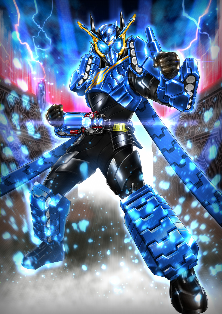 armor blue_armor blue_eyes build_driver driver electricity gloves ground_vehicle hazard_trigger highres kamen_rider kamen_rider_build kamen_rider_build_(series) male_focus military military_vehicle motor_vehicle power_armor powering_up rider_belt ryukawa tank tank+tank_form tokusatsu