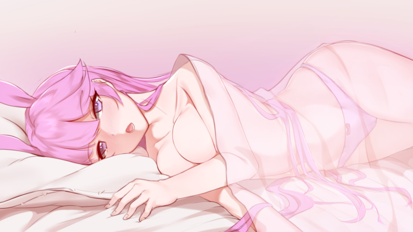 1girl animal_ears bangs bed bed_sheet blush bow bow_panties breasts cameltoe commentary_request eyebrows_visible_through_hair fox_ears gradient gradient_background hair_flaps highres honkai_(series) honkai_impact_3rd large_breasts long_hair looking_at_viewer lying nose_blush on_bed on_side open_mouth panties pillow pink_background pink_eyes pink_hair pink_panties pink_theme see-through skindentation solo tiankong_pie_ai topless underwear underwear_only very_long_hair yae_sakura