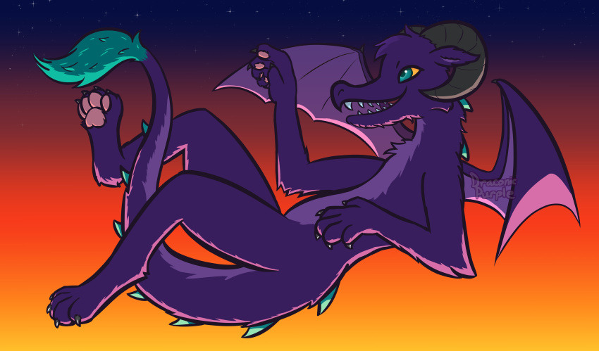 absurd_res anthro blue_eyes claws draconicpurple dragon female fluffy flying fur furred_dragon happy hi_res horn paws purple_body sharp_teeth smile solo spikes sunset teeth